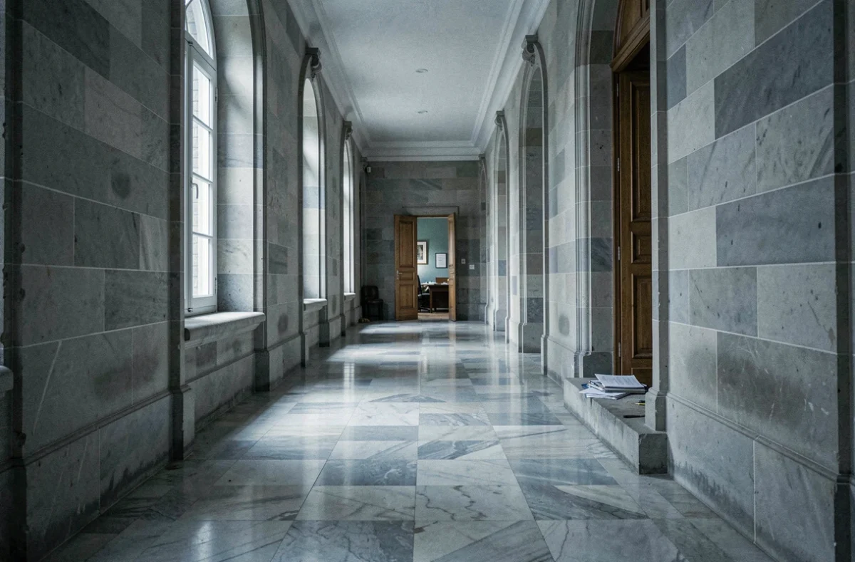 Couloir vide d'un bâtiment institutionnel français avec une porte entrouverte et un dossier oublié, symbolisant les non-dits des biographies officielles de personnalités publiques