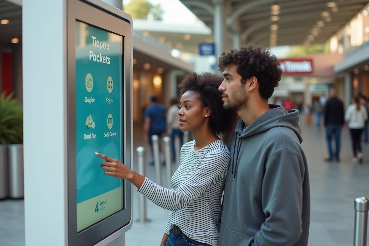 Couple consultant les tarifs des attractions à une borne de billetterie du Futuroscope
