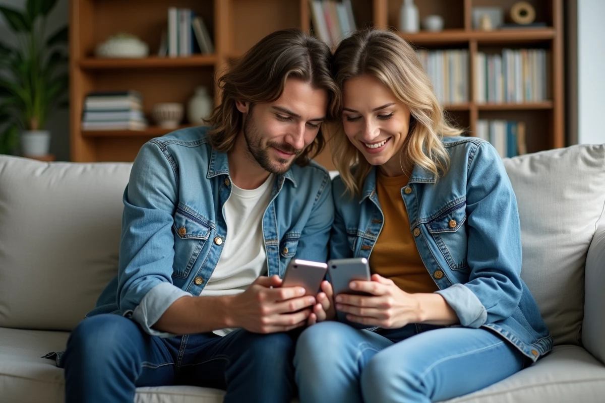 Couple comparant deux applications d'organisation familiale sur smartphone dans un salon, Cozi versus FamilyWall