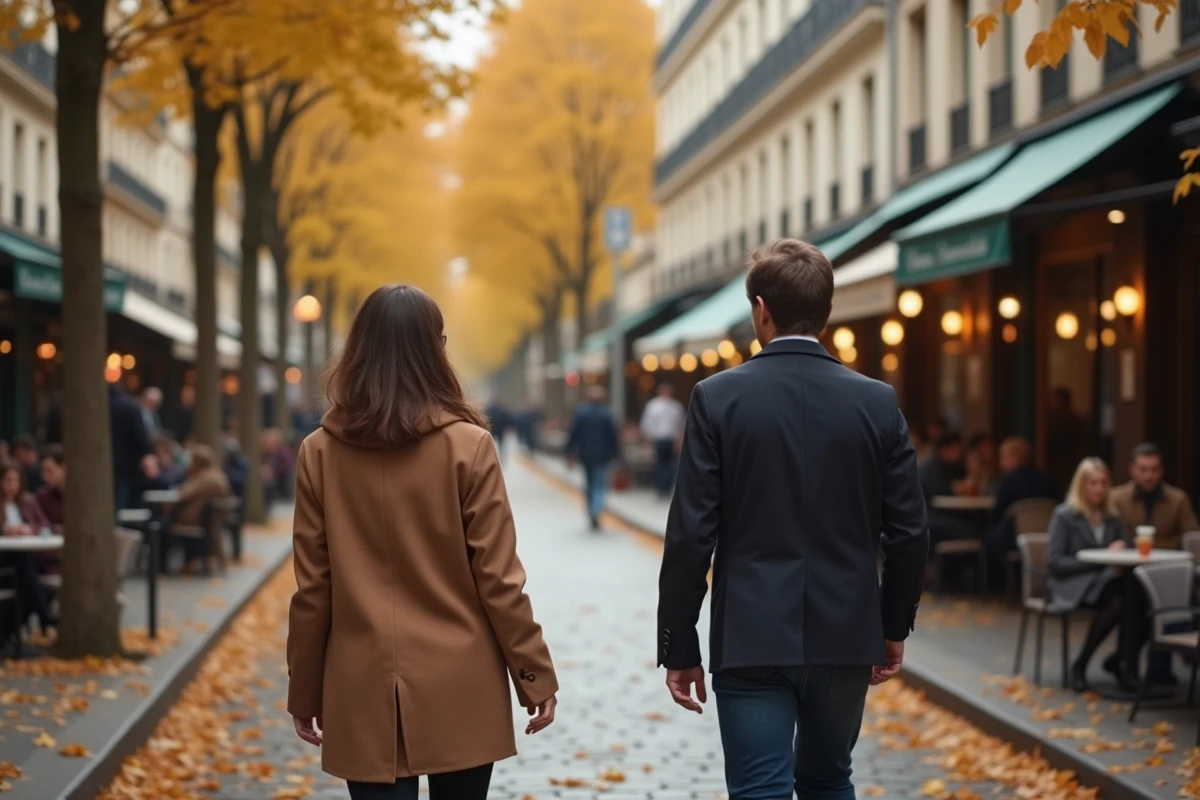 Couple marchant de dos sur un boulevard parisien en automne, illustrant la discrétion autour de la vie sentimentale d'une personnalité publique
