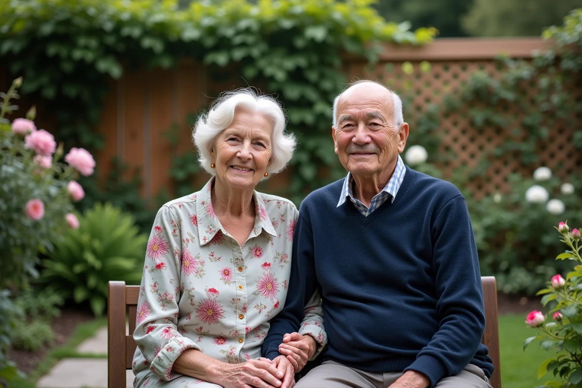 Couple de grands-parents tenant la main dans un jardin fleuri symbolisant l'amour et la sagesse familiale