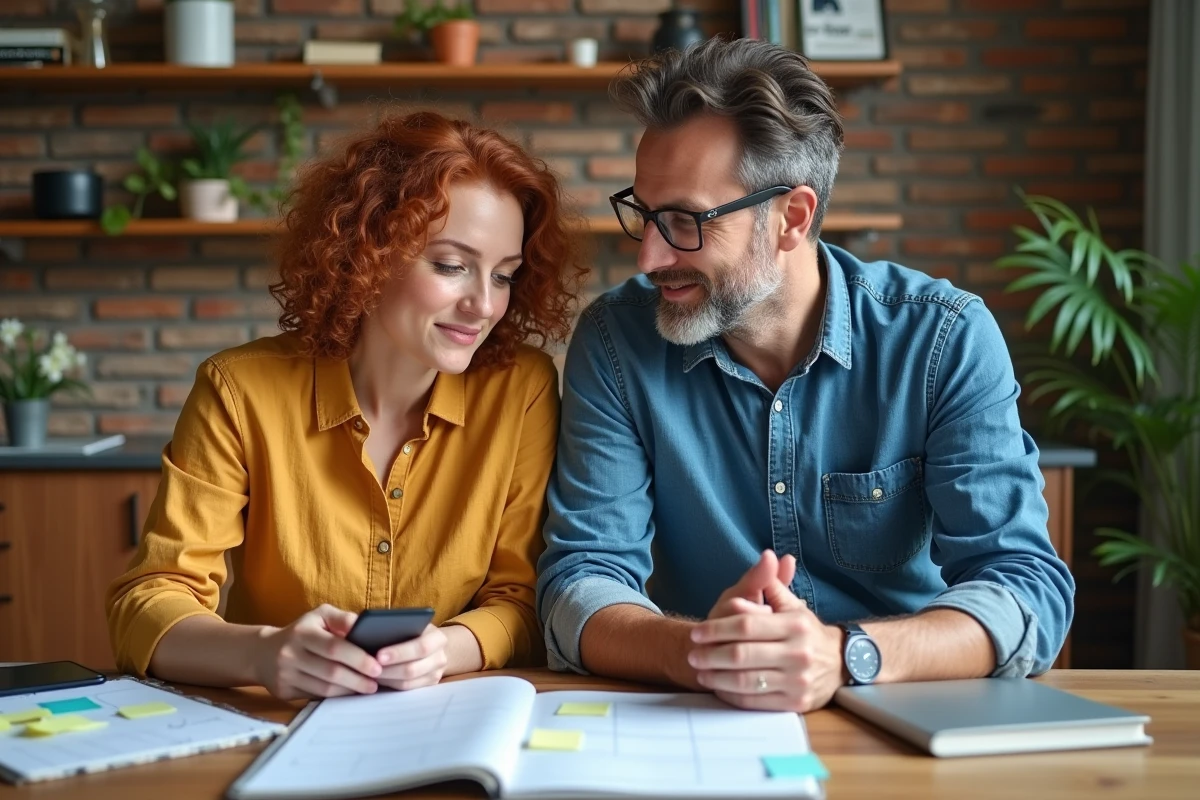 Couple organisant le planning familial ensemble autour d'une table avec agenda et smartphones, symbolisant la co-gestion de la vie professionnelle et parentale
