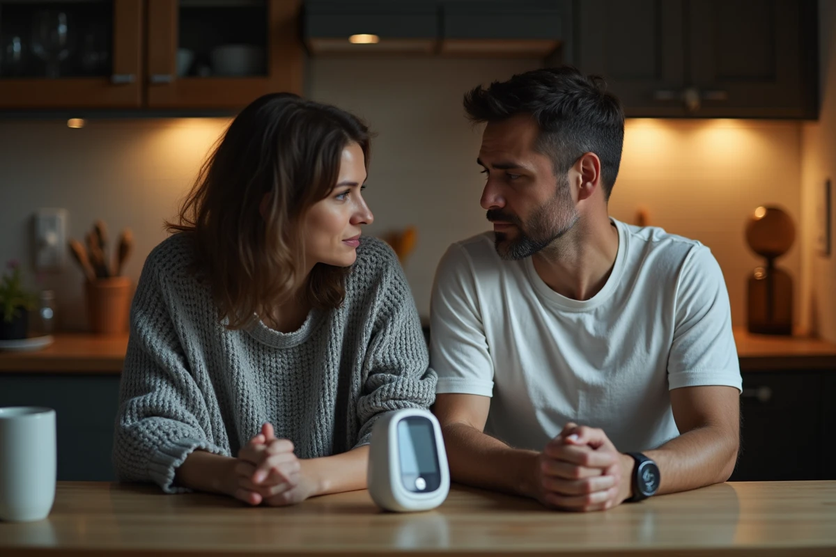 Couple de parents épuisés partageant un moment de complicité silencieuse en cuisine tard le soir, avec un babyphone sur la table symbolisant leur nouvelle réalité émotionnelle