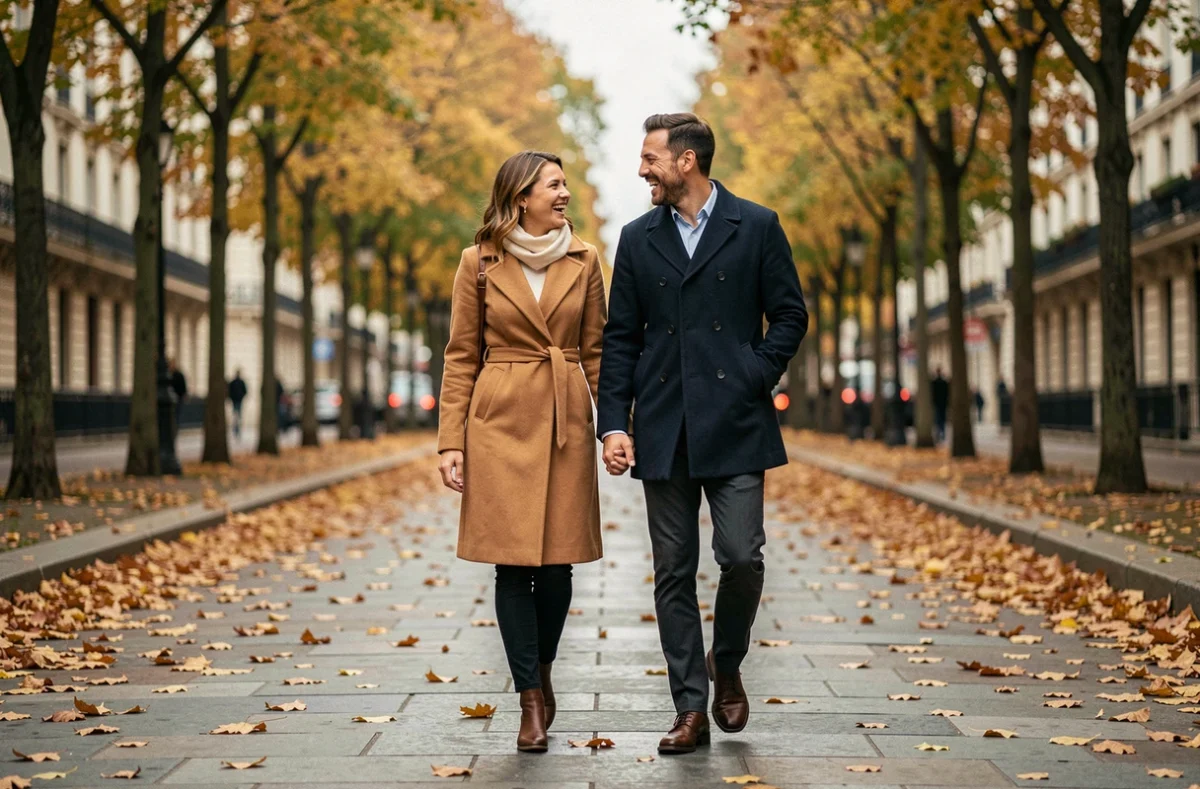 Couple complice se promenant sur un boulevard parisien en automne, feuilles dorées au sol