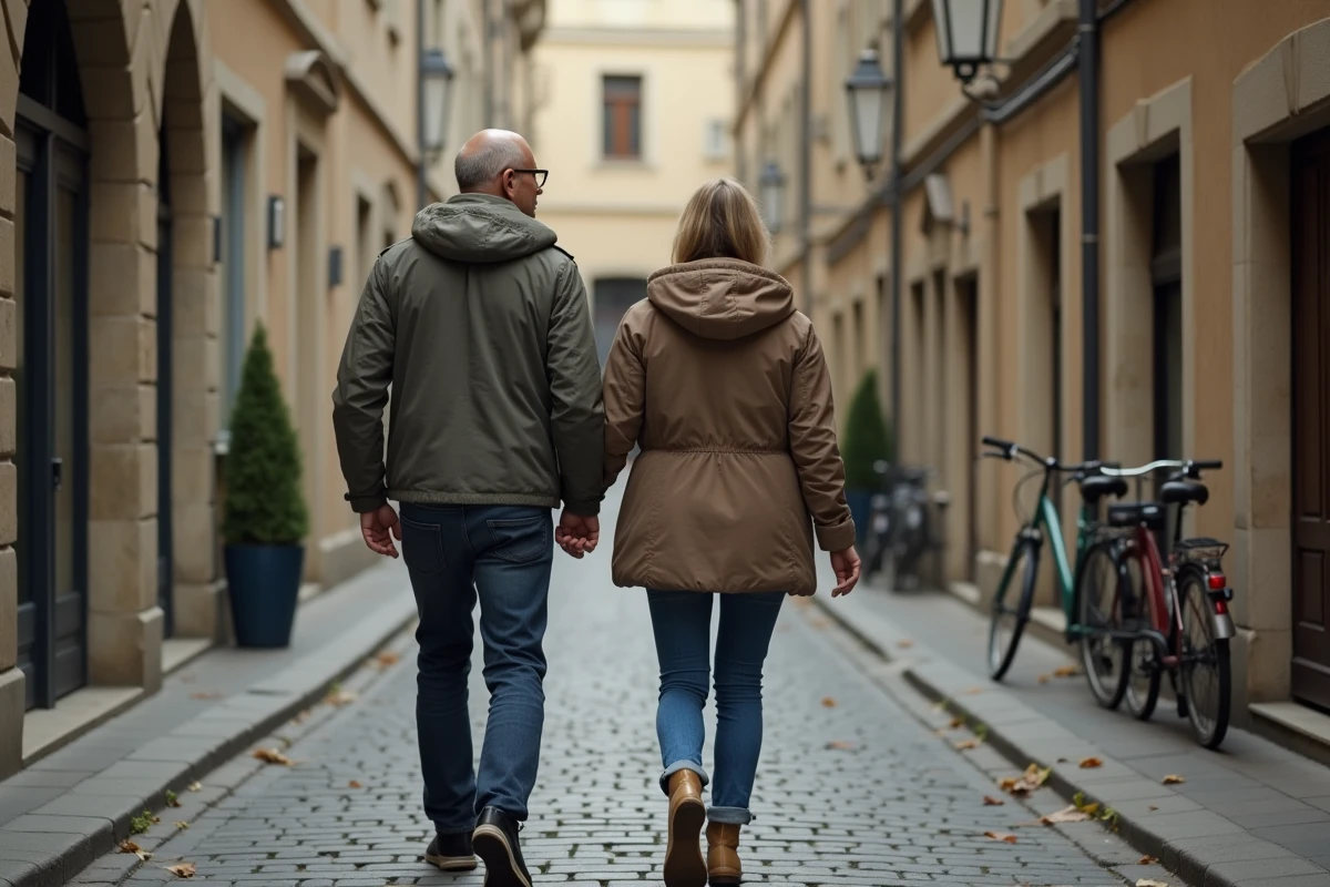 Couple se promenant dans une rue pavée européenne, illustrant la frontière entre vie publique et vie privée d'une personnalité