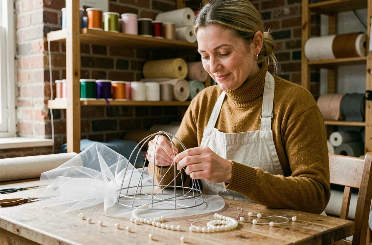 Femme créant un chapeau de Sainte Catherine moderne dans un atelier artisanal avec matériaux de couture