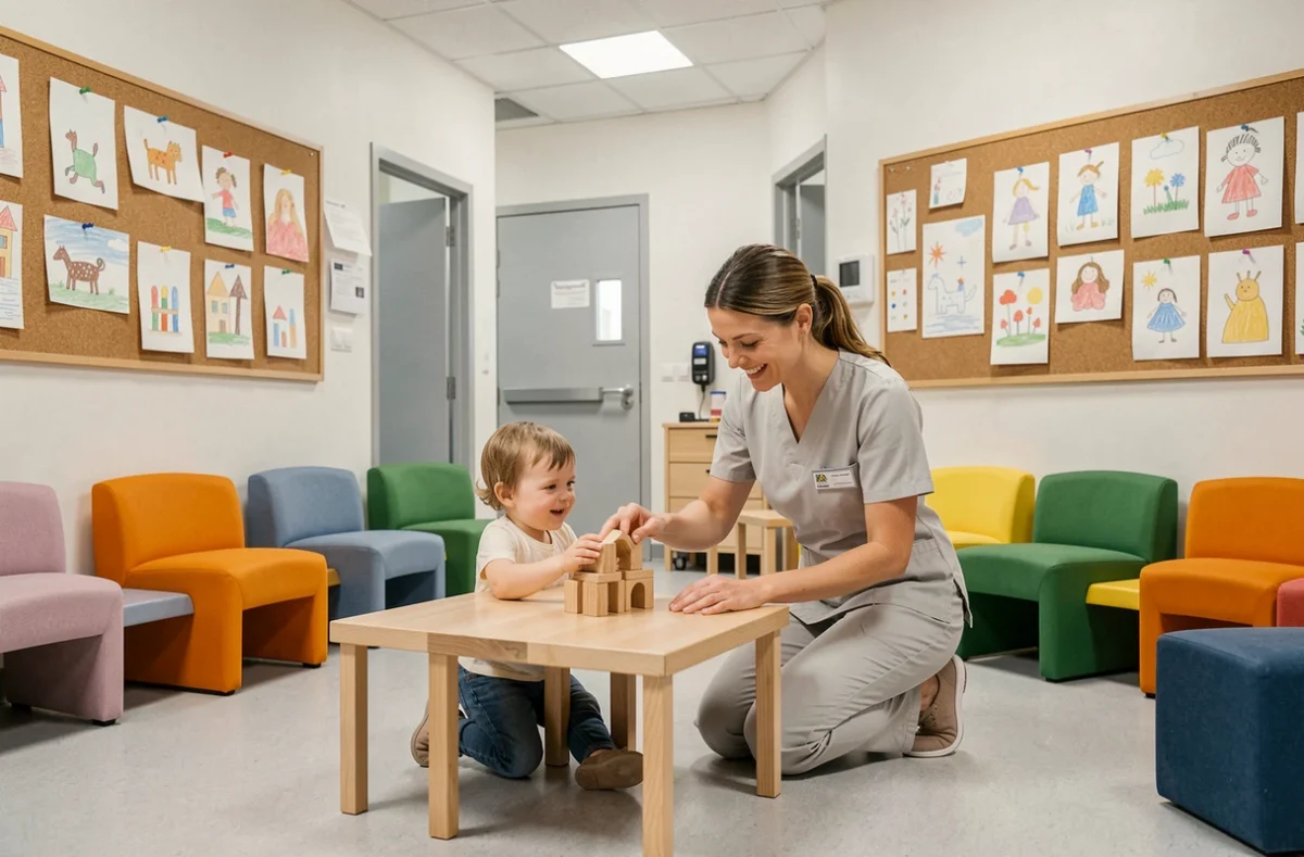 Puéricultrice accompagnant un enfant dans la salle de jeux de la crèche du Centre Henri-Becquerel en Seine-Maritime