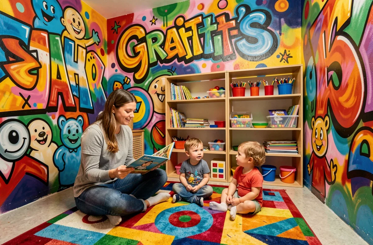 Salle d'activités de la crèche Graffiti'S en Seine-Maritime, décorée de fresques murales colorées dans un style street art