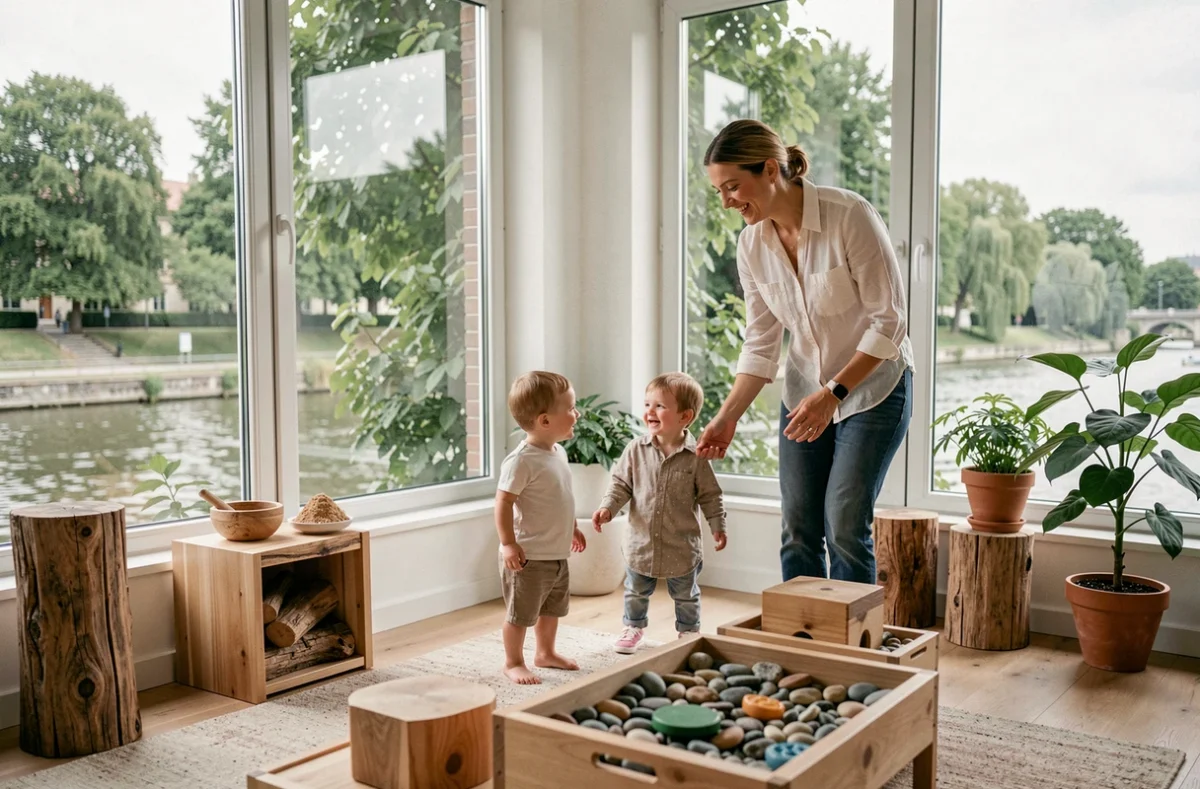 Espace sensoriel de la crèche Île Lacroix à Rouen, avec vue sur les bords de Seine et matériaux naturels pour les enfants