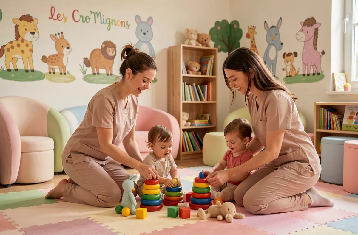 Puéricultrices jouant avec des tout-petits à la crèche Les Cro'Mignons - Les Chérubins en Seine-Maritime