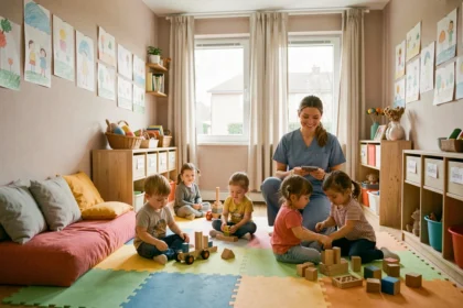 Intérieur chaleureux d'une crèche en Seine-Maritime avec des enfants en bas âge jouant sous la supervision d'une puéricultrice souriante