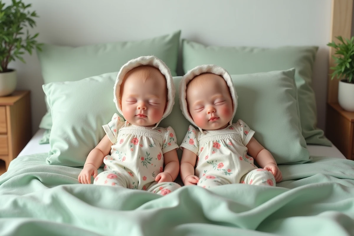 Deux bébés reborn filles très réalistes posés sur un lit, vêtus de tenues florales artisanales avec des détails de peau saisissants