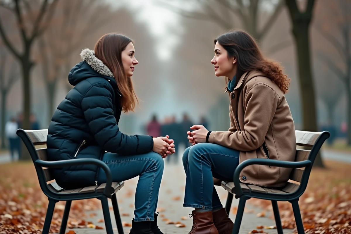 Deux sœurs adultes assises sur un banc dans un parc en automne, échangeant une conversation intense symbolisant les dynamiques de la fratrie et le syndrome de la sœur aînée
