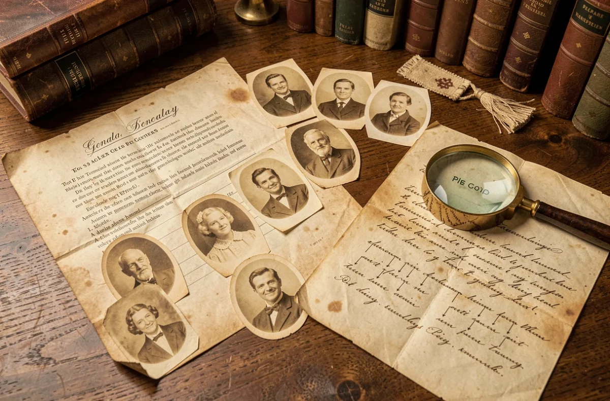 Documents généalogiques anciens et portraits de famille sépia posés sur une table en chêne pour une enquête sur les racines
