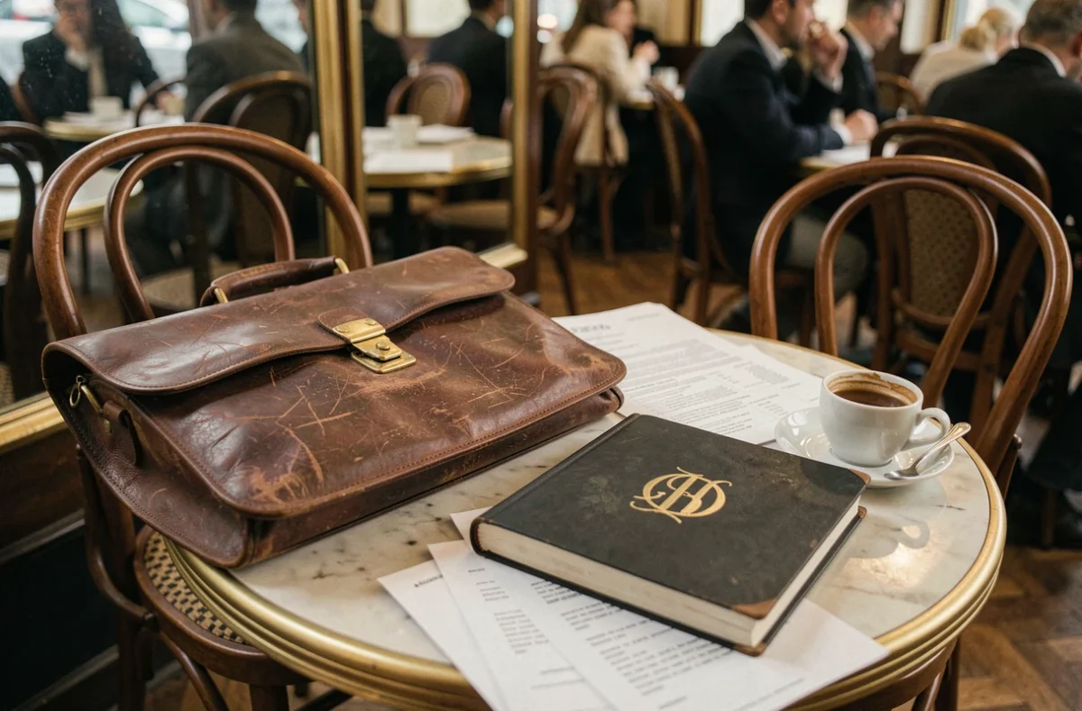 Serviette en cuir usée, documents épars et carnet monogrammé sur une table de brasserie parisienne, évoquant les secrets et omissions d'une biographie officielle