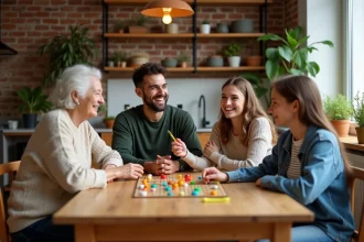 Famille multigénérationnelle jouant à un jeu de société autour d'une table en bois, illustrant une dynamique familiale saine et joyeuse