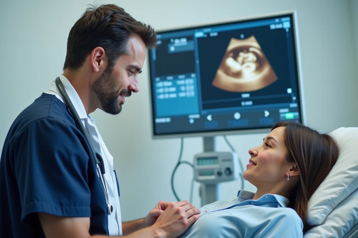 Médecin gynécologue réalisant une échographie sur une femme enceinte pour vérifier que le bébé est bien accroché, dans une salle de consultation moderne