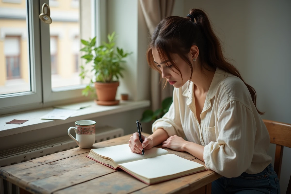 Jeune femme écrivant dans un journal pour exprimer et évacuer sa colère, thérapie par l'écriture