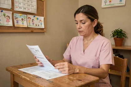 Éducatrice de crèche consultant ses documents de salaire et d'ancienneté dans un bureau de structure petite enfance