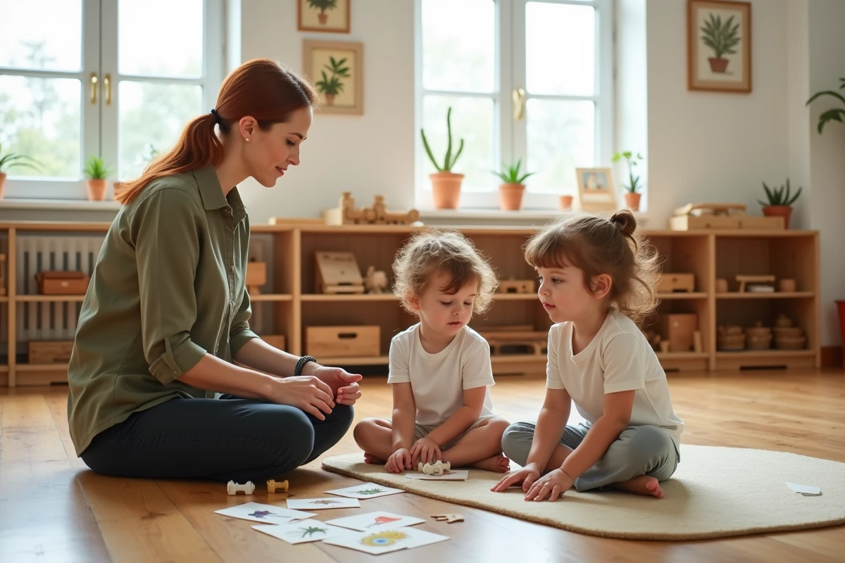 Éducatrice Montessori accompagnant deux enfants dans un exercice de lecture avec des cartes de nomenclature