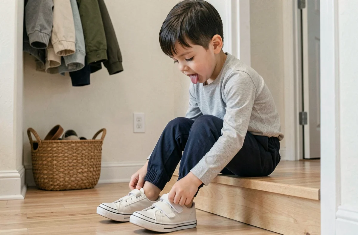 Petit garçon de 3 ans qui met ses chaussures seul dans l'entrée, exemple concret d'autonomie chez le jeune enfant