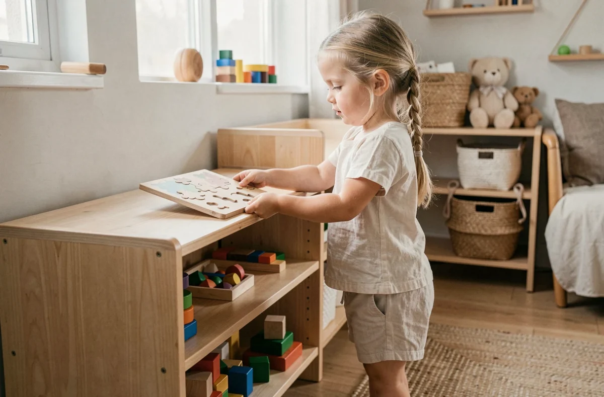 Fillette de 5 ans rangeant seule ses jouets sur une étagère dans une salle de jeux Montessori, illustrant l'autonomie enfantine