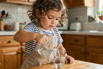Petite fille de 4 ans versant de l'eau seule dans un verre, illustrant l'autonomie des jeunes enfants au quotidien