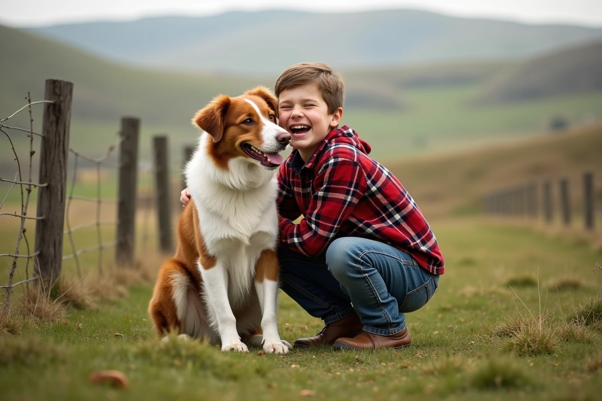 Jeune garçon riant avec son chien border collie dans un champ, représentant la relation complice entre enfants et animaux dans la nature