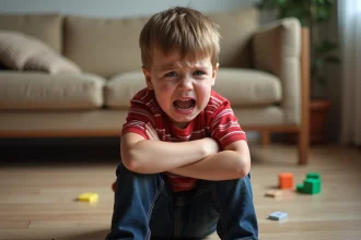 Jeune garçon en colère assis sur le sol d'un salon, bras croisés et larmes sur les joues, illustrant la difficulté des enfants à contrôler leurs émotions