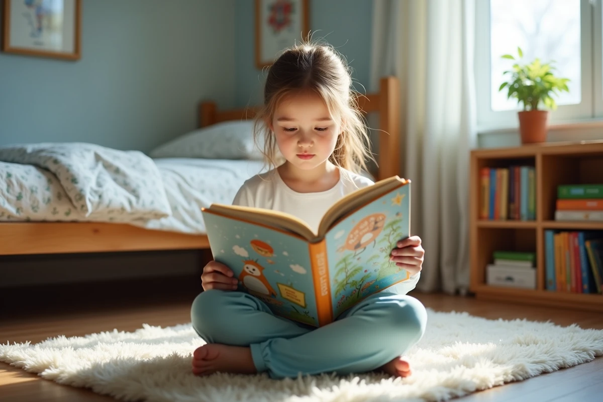 Une fillette de 10 ans assise sur le sol de sa chambre en train de lire un grand livre illustré dans une ambiance cosy