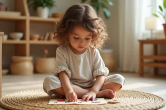 Jeune fille de 5 ans explorant les lettres rugueuses Montessori dans une salle de classe aux étagères en bois