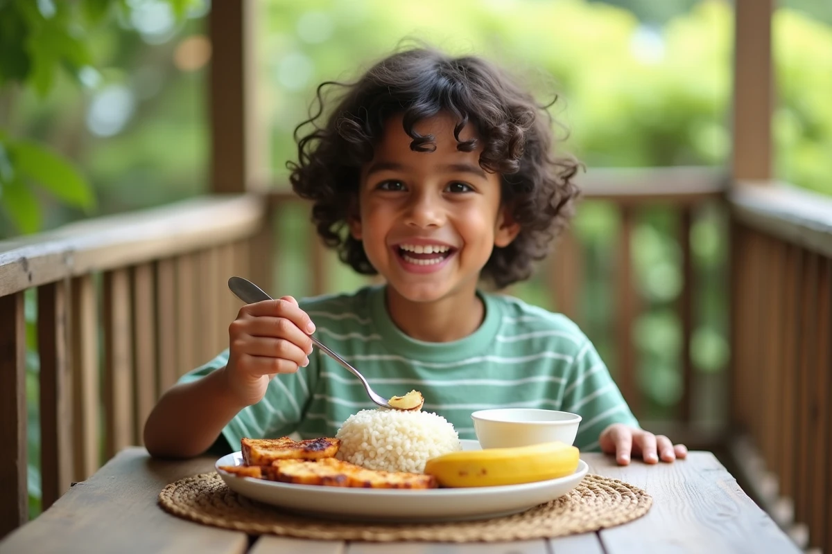 Enfant mangeant un repas équilibré et nutritif composé de riz, poulet, banane et yaourt sur une terrasse