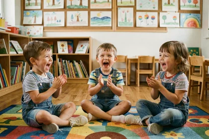 Trois jeunes enfants chantant une comptine ensemble en classe de maternelle, mains jointes et sourires expressifs