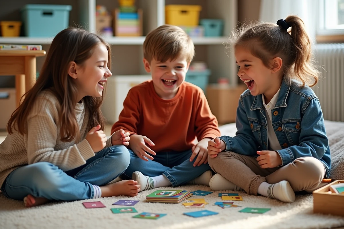 Groupe d'enfants riant en jouant à un jeu de cartes éducatif dans une salle de jeux organisée