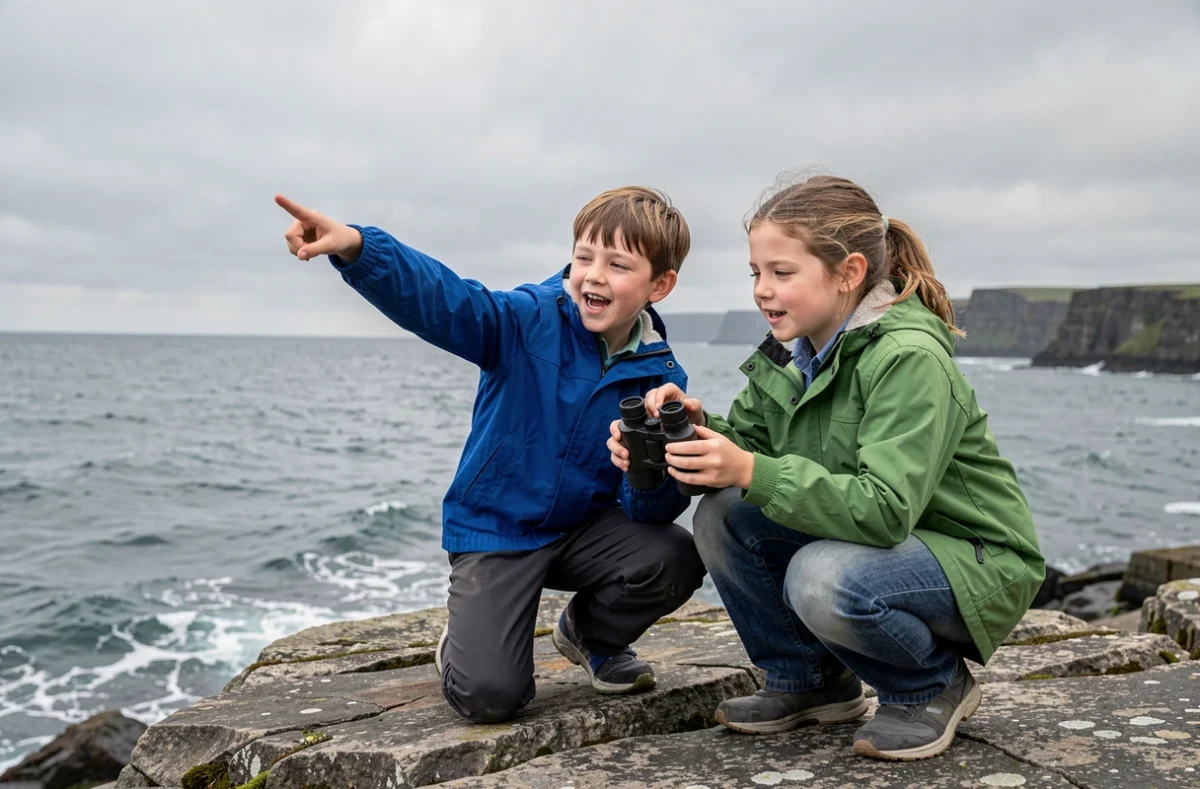 Deux enfants utilisant une jumelle compacte sur un littoral rocheux au bord de la mer