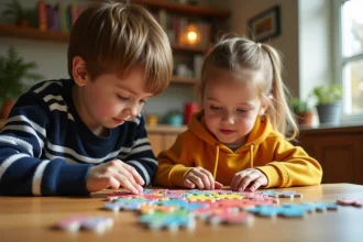 Deux enfants de 7 et 9 ans assemblant un puzzle coloré ensemble autour d'une table en bois dans un intérieur chaleureux