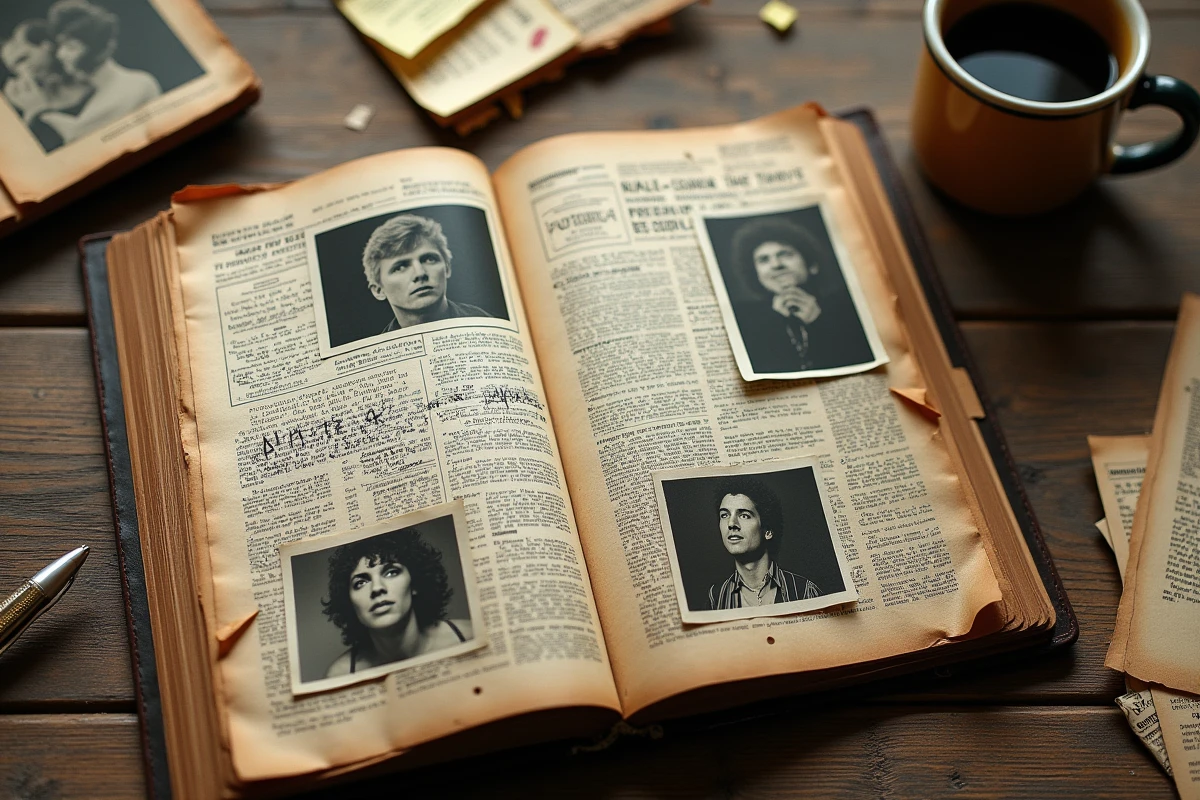 Cahier de recherche journalistique ouvert sur une table en chêne avec coupures de presse jaunies, photos et notes manuscrites évoquant une enquête sur les secrets et rumeurs autour d'une personnalité publique