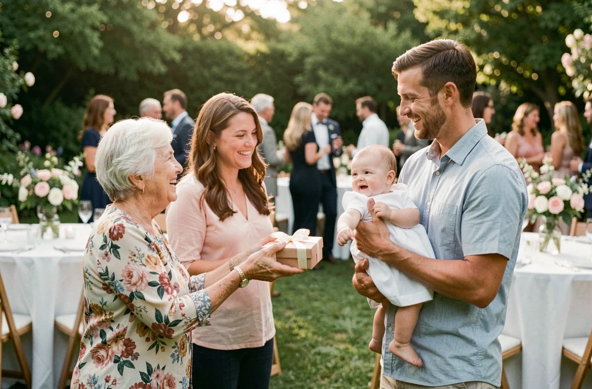 Famille réunie lors d'une cérémonie de baptême en jardin, grand-mère offrant un cadeau aux jeunes parents