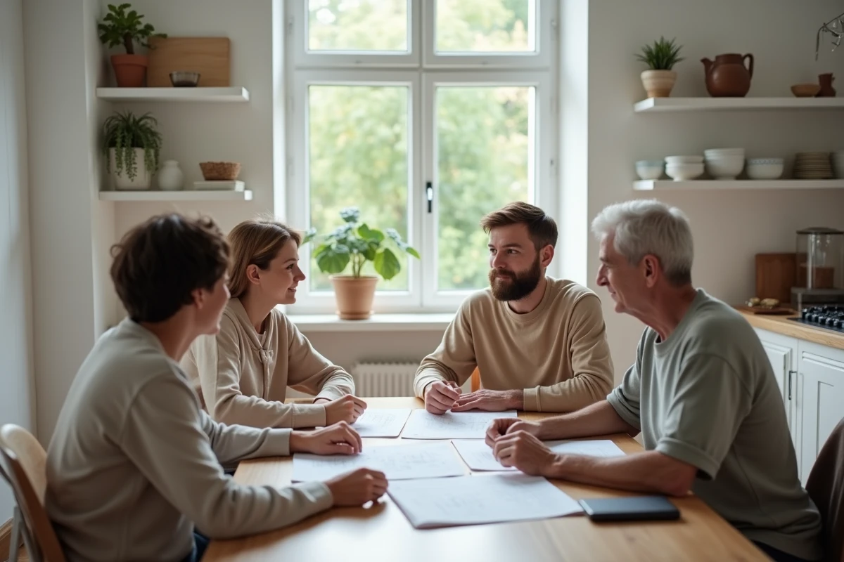 Famille réunie autour d'une table pour discuter des responsabilités envers les parents âgés, dans une cuisine lumineuse et accueillante