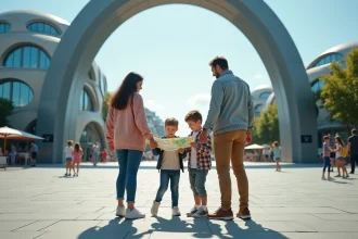 Famille examinant le plan d'accès à l'entrée du Futuroscope, parc d'attractions futuriste en France