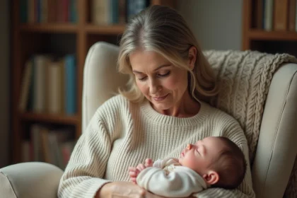 Femme adulte tenant délicatement un bébé reborn fille très réaliste, assise dans un fauteuil confortable au décor chaleureux