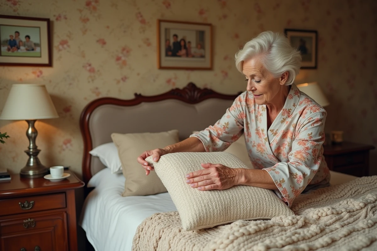 Femme âgée arrangeant les coussins de son lit dans une chambre traditionnelle chaleureuse