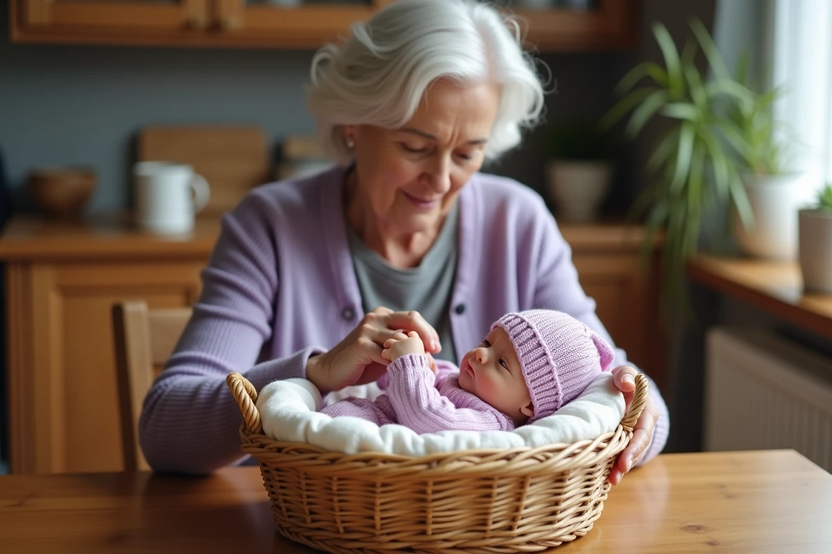 Femme âgée ajustant le bonnet d'un bébé reborn fille réaliste posé dans un panier en osier sur une table en bois