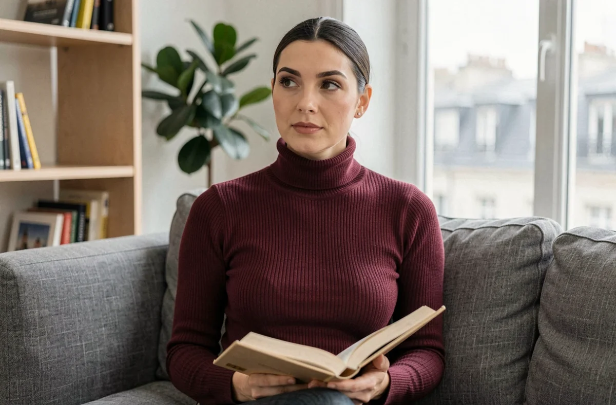 Femme pensive dans un appartement parisien moderne, assise sur un canapé avec un livre, style éditorial intimiste