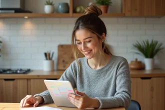 Femme utilisant une application de calendrier familial sur tablette dans une cuisine moderne, comparaison Cozi et FamilyWall