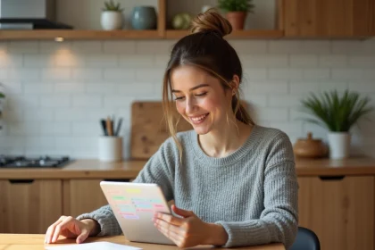 Femme utilisant une application de calendrier familial sur tablette dans une cuisine moderne, comparaison Cozi et FamilyWall