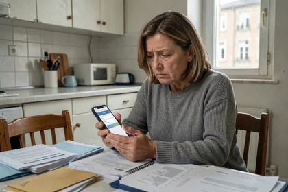 Femme inquiète consultant son application bancaire en attendant le versement du RSA 2026