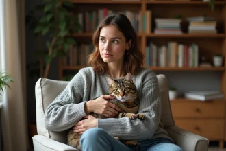 Femme tenant tendrement un chat tigré dans ses bras, illustrant le lien éthique entre humain et animal de compagnie