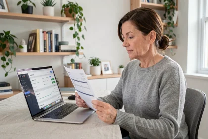 Femme consultant son compte Famileo et ses factures d'abonnement sur un ordinateur portable dans un bureau à domicile