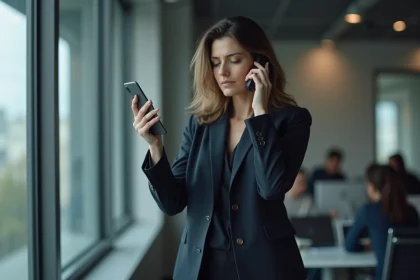 Femme en deuil au bureau essayant de concilier travail et peine après un enterrement